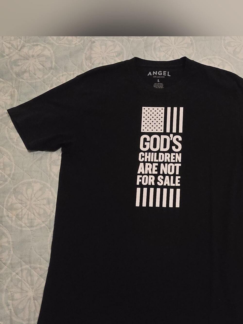 Angel Studios Black Graphic Tshirt- "God's Children Are Not For Sale", Adult Lrg